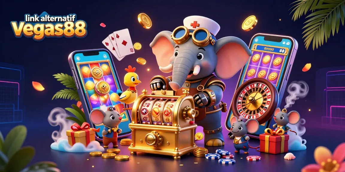 Taruhan slot menguntungkan dengan link alternatif vegas88 yang aman, dikelilingi karakter kasino unik.