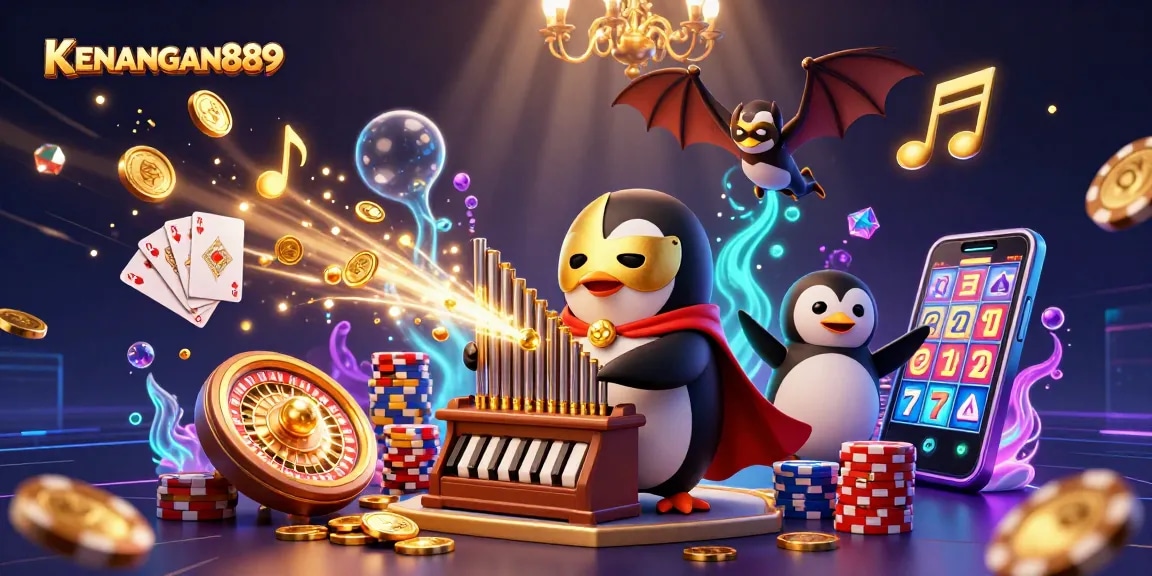 Spin the reels at KENANGAN889, where a phantom penguin plays for golden wins amidst casino elegance.
