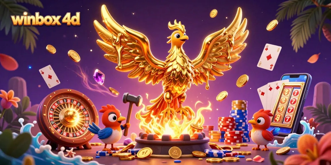 Experience winbox 4d with an epic scene of golden phoenix, roulette, and dazzling gems