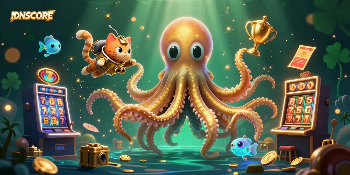 IDNSCORE showcases an exciting 3D casino scene with a kraken and diving cat, symbolizing thrilling gameplay.