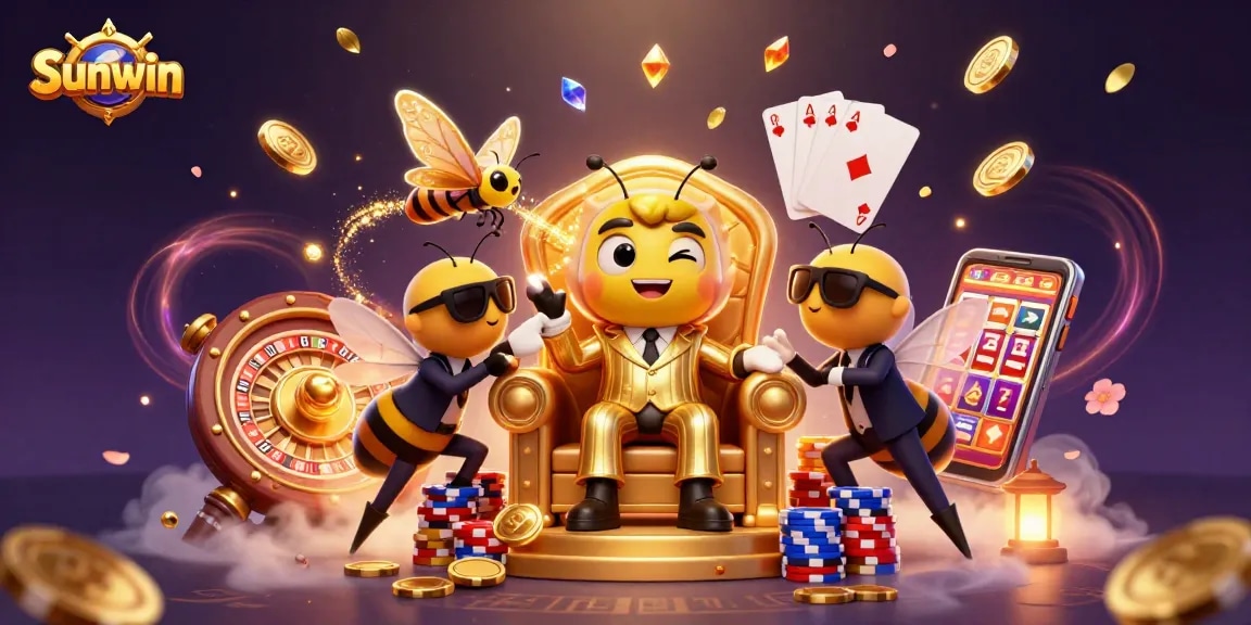 Sunwin offers an exciting gambling experience with vibrant scenes of games and casino elements.