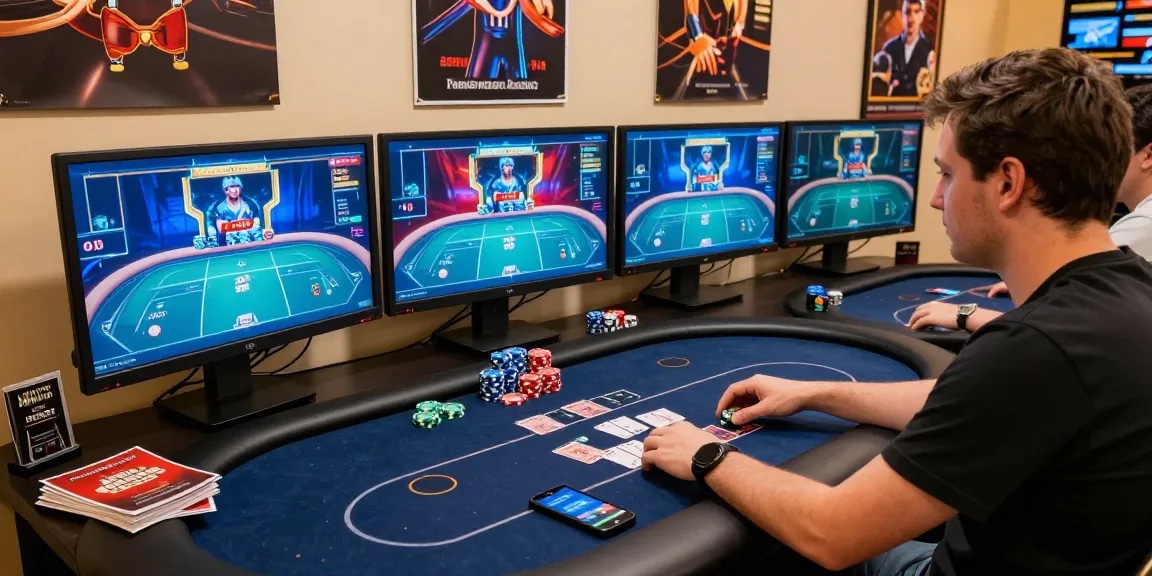 Agen Poker Online gaming scene with a player actively engaged, vibrant digital poker tables, cards, and chips.