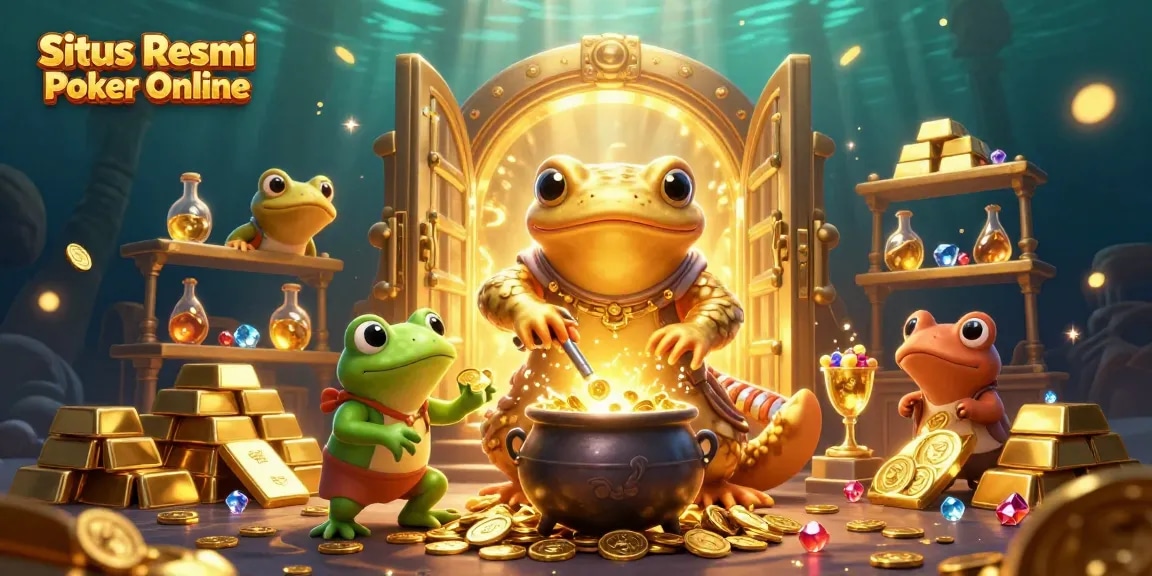 Situs Resmi Poker Online Nagapoker showcases a vibrant 3D illustration of a golden salamander alchemist in action.