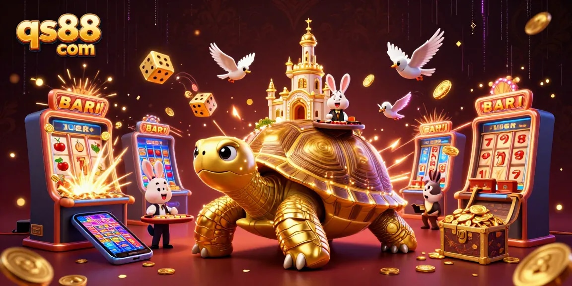 Win big with qs88 com in a vibrant casino scene featuring a golden tortoise and dynamic gaming elements.