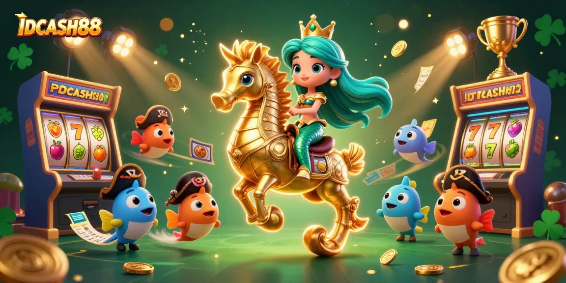 Play thrilling slots on IDCASH88, featuring vibrant mermaid princess riding a golden seahorse amidst dynamic gaming elements.