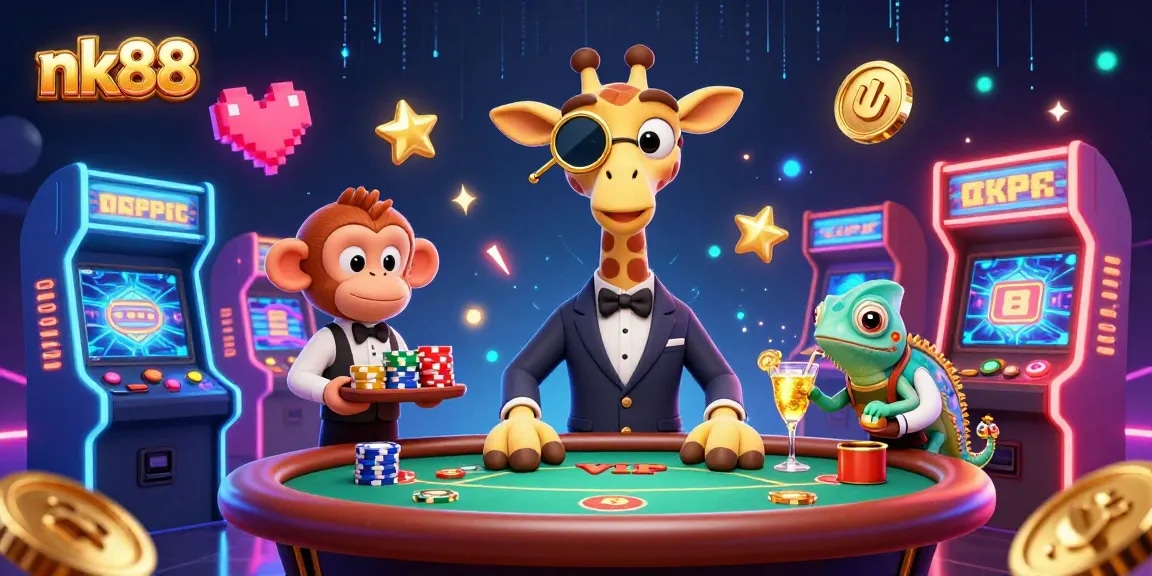 Engage with nk88's vibrant gaming scene featuring a high-roller giraffe and dynamic casino elements.