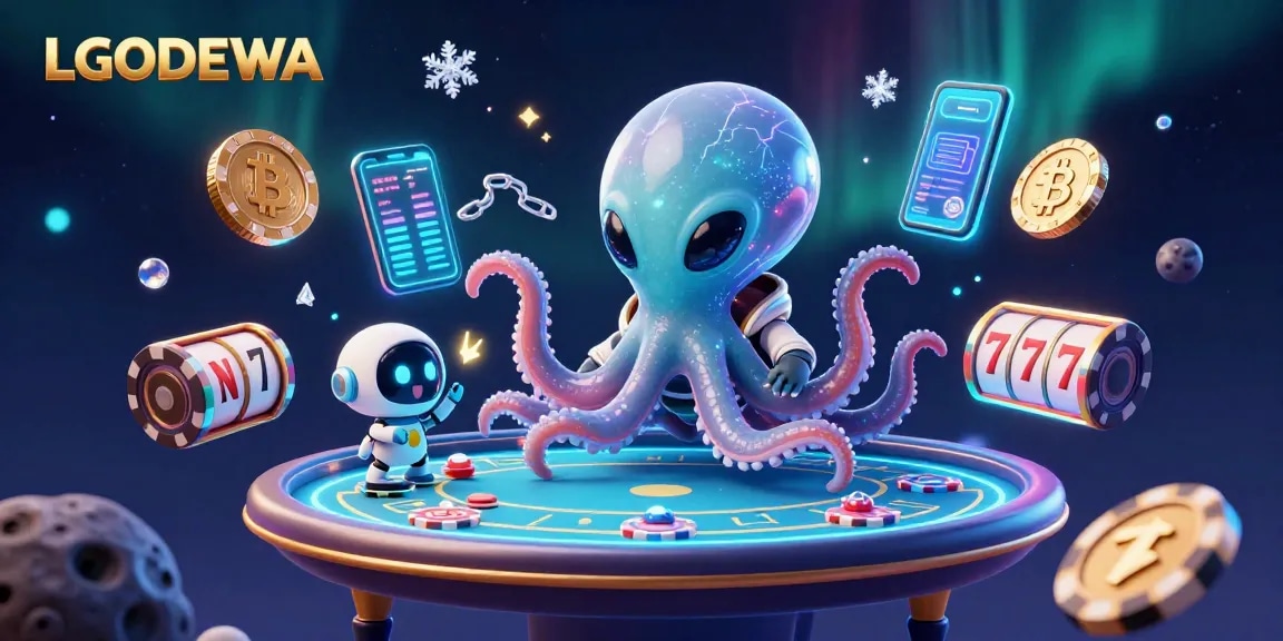 Engage with the vibrant LGODEWA alien-themed casino scene featuring a playful octopus and glowing crypto coins.