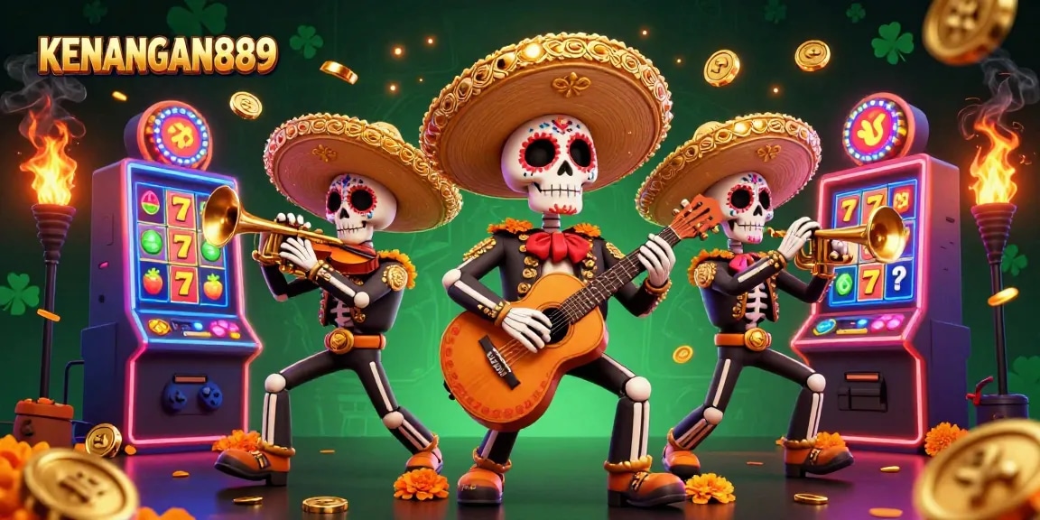 Experience thrilling gameplay with KENANGAN889 as skeleton mariachi band celebrates wins amid slot machines.