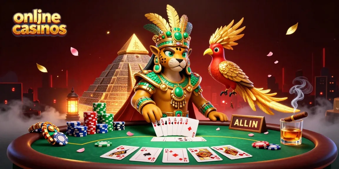 Engage in online casinos with a vibrant 3D scene featuring poker elements and cultural motifs.