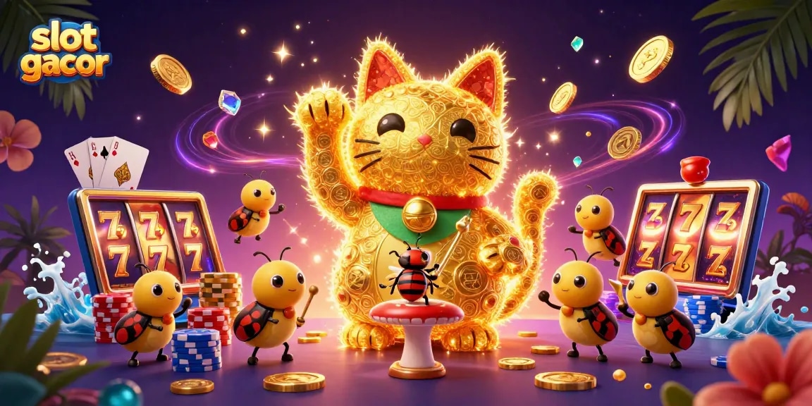 Temukan keseruan bermain slot gacor dengan ilustrasi kucing keberuntungan dan simbol kasino yang menakjubkan.