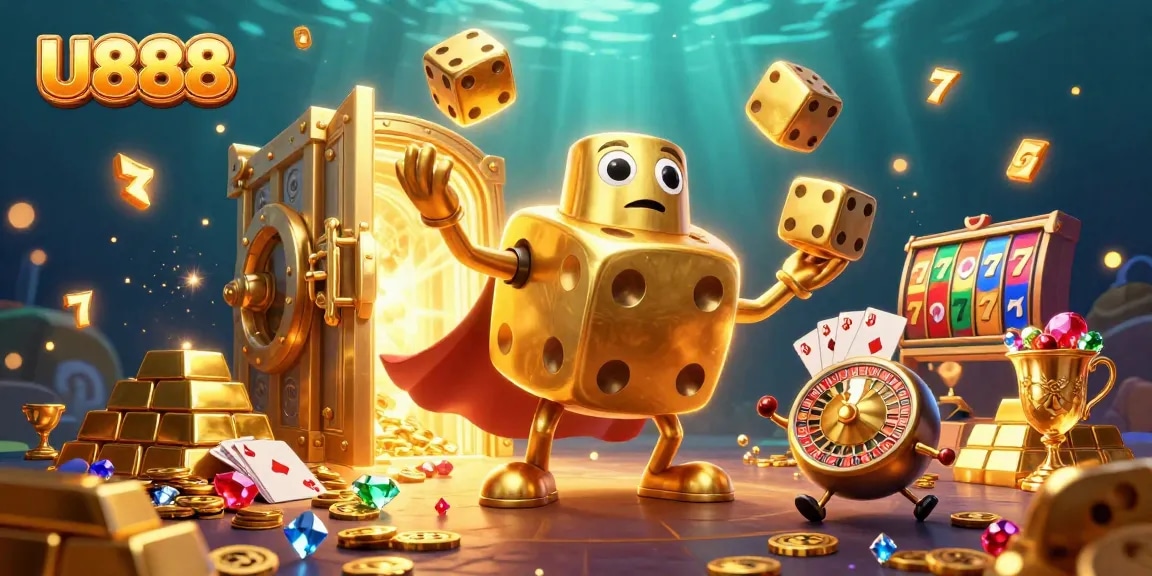 Capture the excitement of U888 with golden dice and luxurious casino treasures in a dynamic scene.