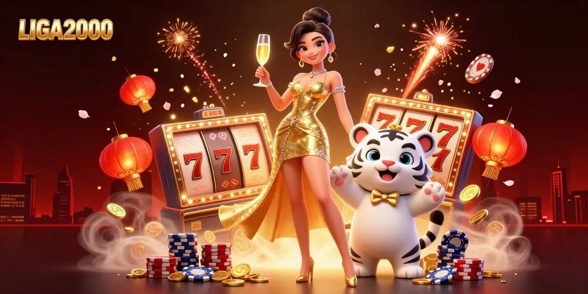 LIGA2000 menampilkan wanita glamor dan anak harimau keberuntungan dalam adegan slot yang menarik dengan elemen permainan yang cerah.