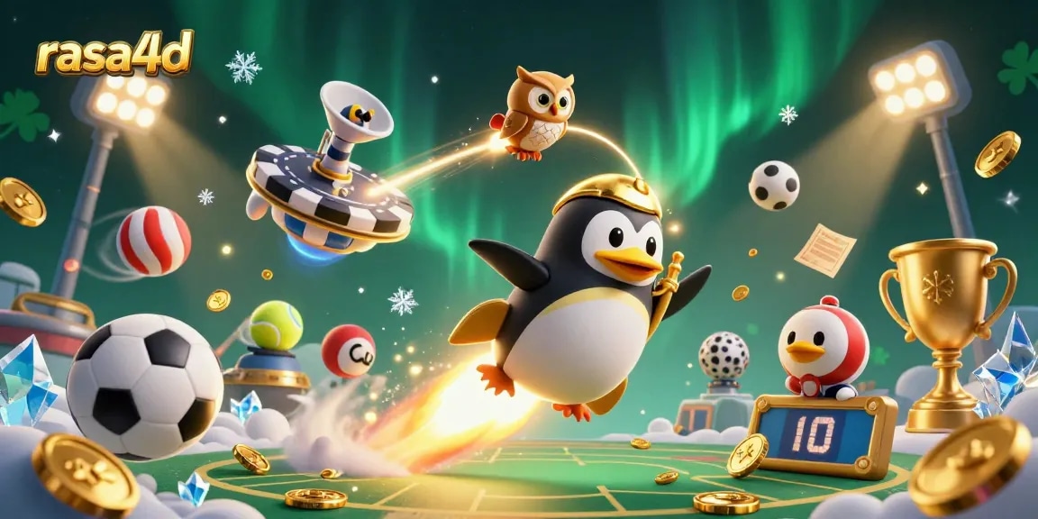 Rasakan keseruan bermain di rasa4d dengan penguin emas melaju di antara koin emas dan bola olahraga.