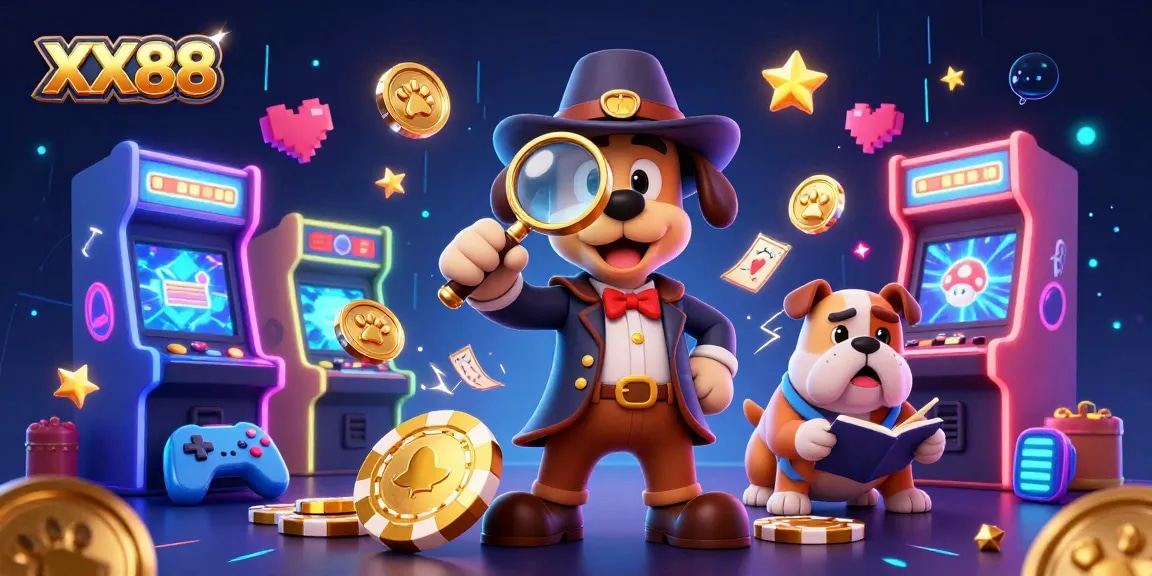 Engage with exciting XX88 gameplay exploring clues with cartoon characters in a vibrant casino scene.