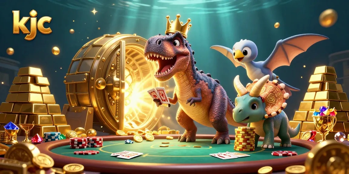 KJC's vibrant casino scene features a friendly T-Rex and a pterodactyl indulging in poker while a baby triceratops stacks chips.