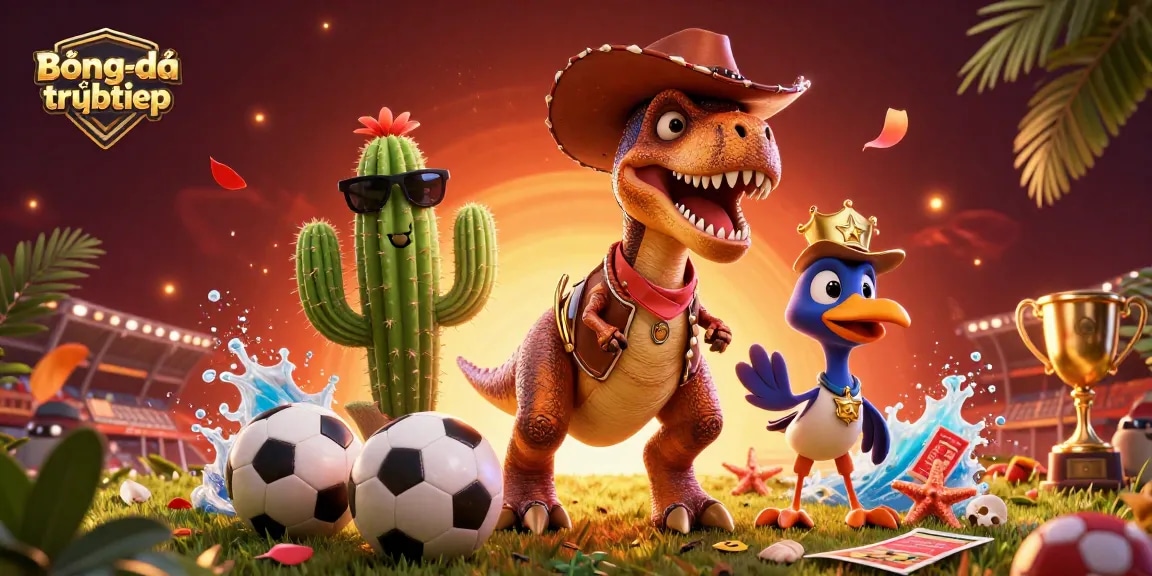 Bóngđátrựctiếp sports betting action with cartoon dinosaur, cactus and roadrunner in a packed scene.