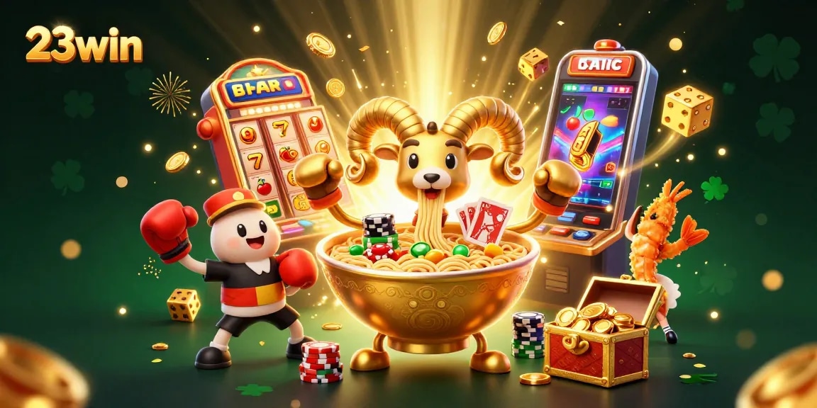 Engage with 23win's vibrant casino world featuring a golden ramen bowl dealer and dynamic game elements.