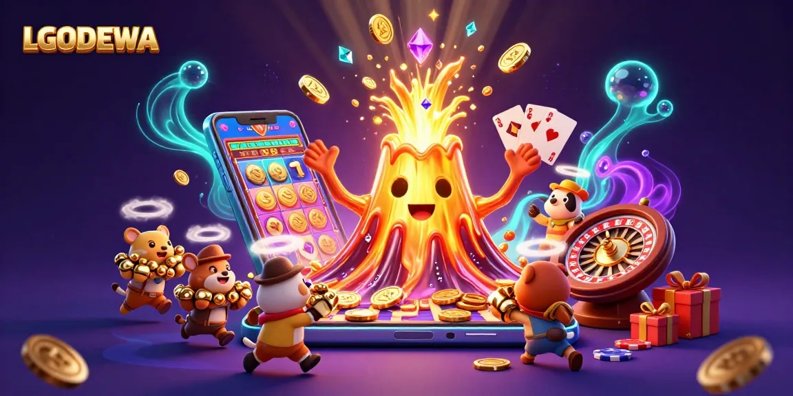 Spin the slots and win at LGODEWA with vibrant 3D treasures erupting from a volcano!
