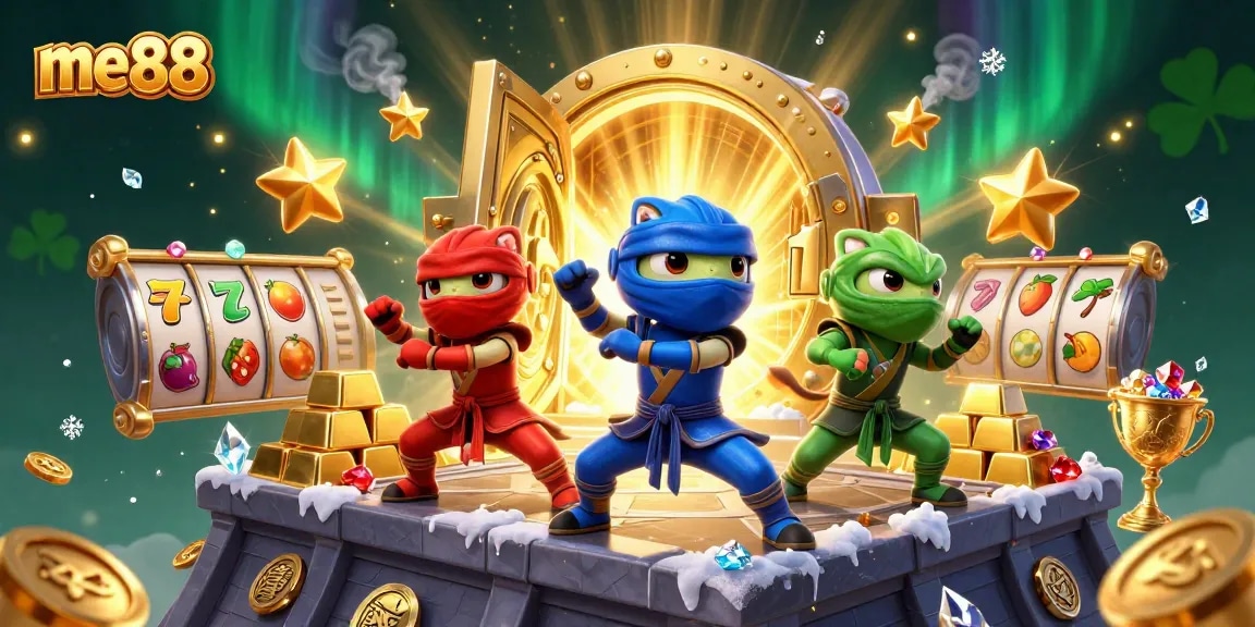 Experience thrilling action at me88 with ninja chameleons surrounded by vibrant casino treasures.