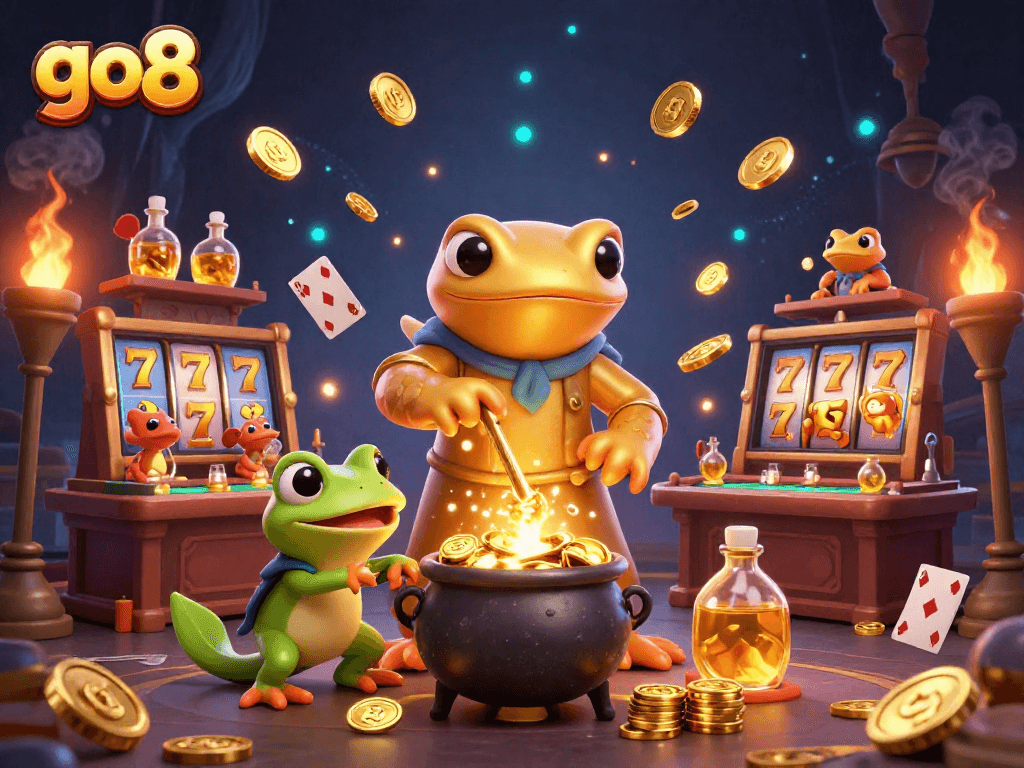 Engage with go8's exciting jackpot slots in a vibrant 3D casino scene featuring gold coins and thrilling gameplay.