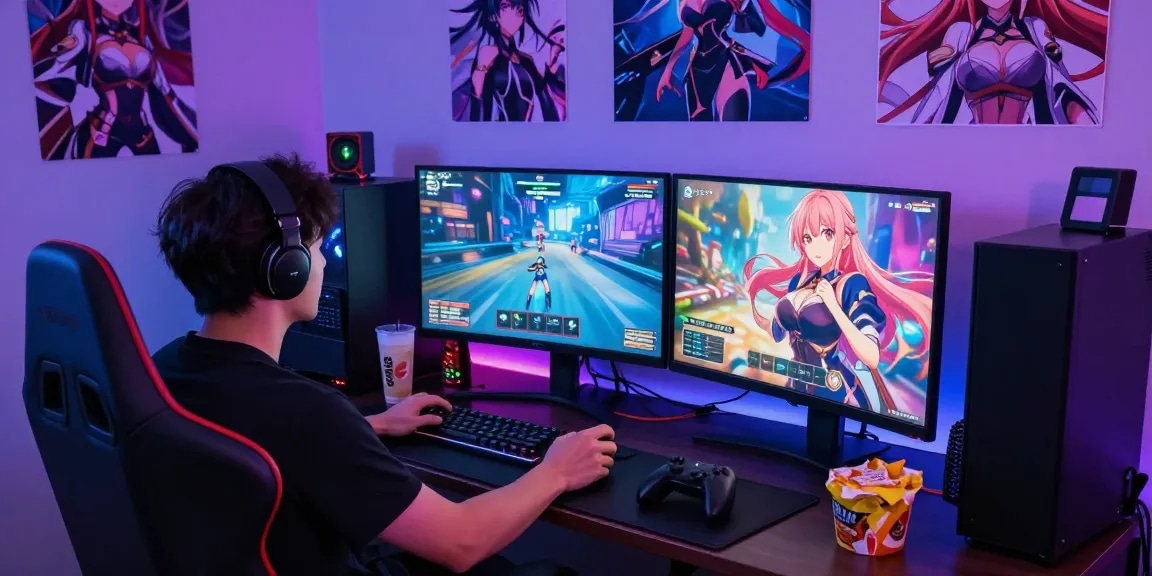 Engaged gamer enjoying hentai games in a vibrant gaming setup with anime graphics.