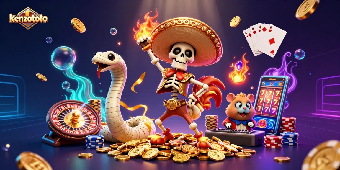 Experience kenzototo's thrilling gaming action with vibrant 3D characters celebrating wins amidst cascading coins.