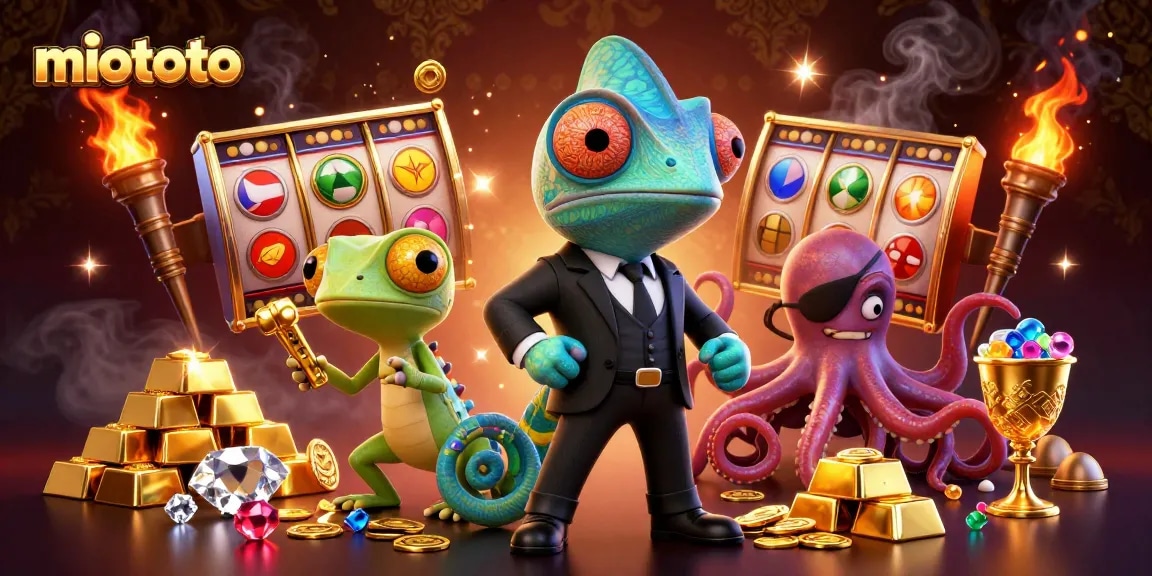 Engage in thrilling miototo slots with a vibrant 3D illustration of colorful characters and golden treasures.