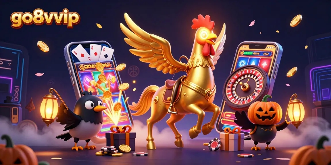 Win big at go8vvip with exciting 3D slot games and vibrant casino action presented in a lively illustration.