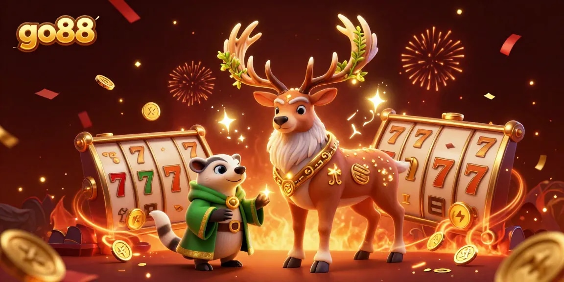 Experience the thrill of go88 with 3D slot reels and vibrant festive elements in this dynamic casino scene.