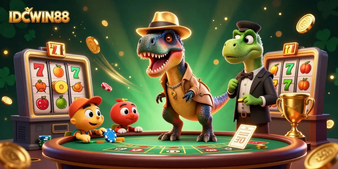 Play engaging games at IDCWIN88 with a sneaky velociraptor card counter and casino elements.