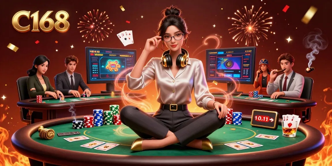 Experience C168 with a professional gamer at a vibrant casino, surrounded by poker elements.