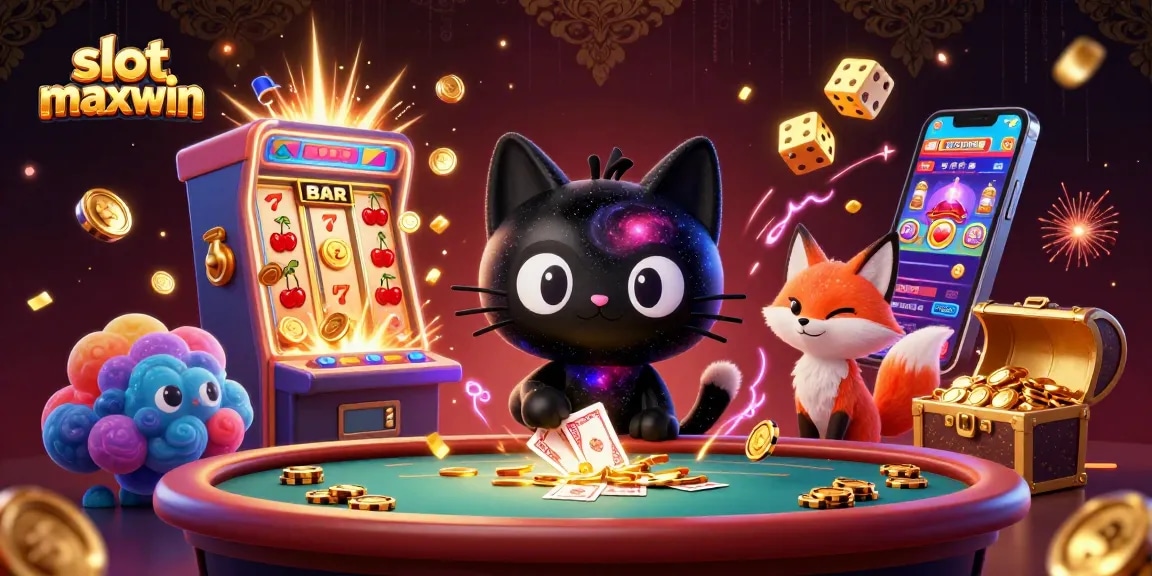 Mencoba keberuntungan di slot maxwin dengan kucing hitam galaksi menarik chip emas dan kartu di kasino.