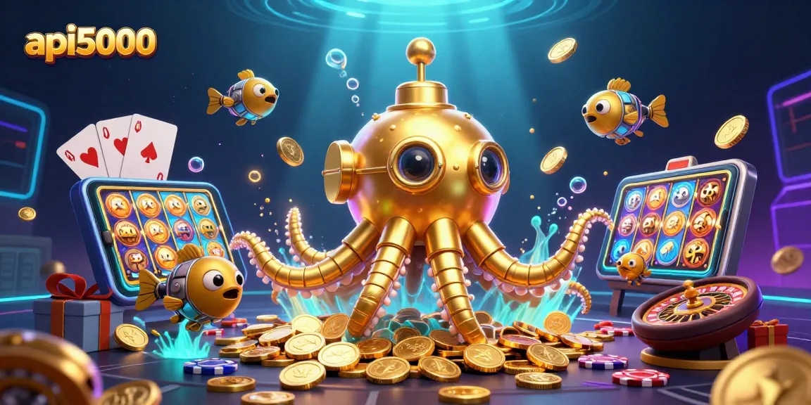 Slot game api5000 yang menarik dengan kru ikan mekanis dan harta emas.
