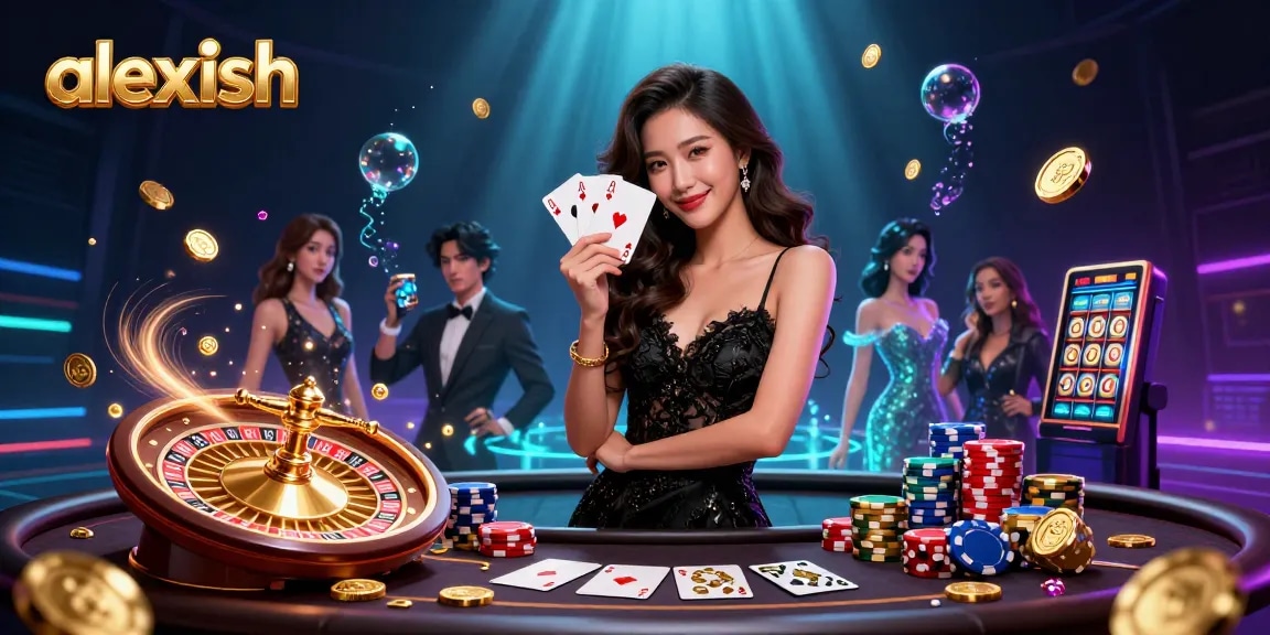 Experience exhilarating gameplay with alexish showcasing an elegant woman holding ace cards amidst vibrant casino action.