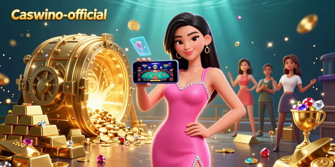 Engage with caswino-official showcasing an Asian woman playing a live dealer game amidst vibrant casino treasures.