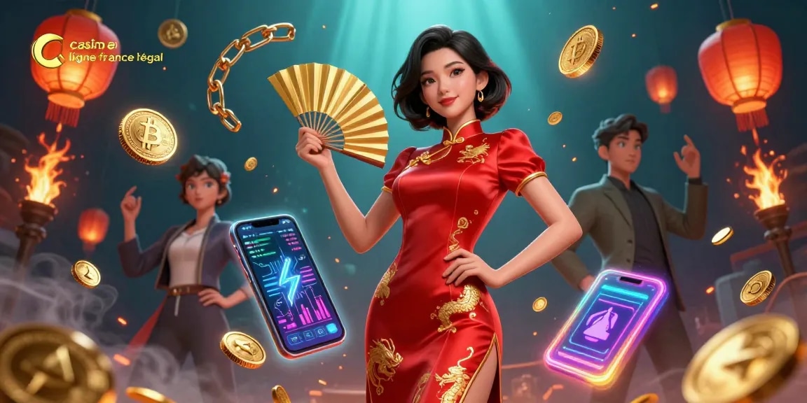 Engagez-vous au casino en ligne France légal avec une illustration vibrante mettant en avant une femme asiatique confiante parmi des éléments crypto.