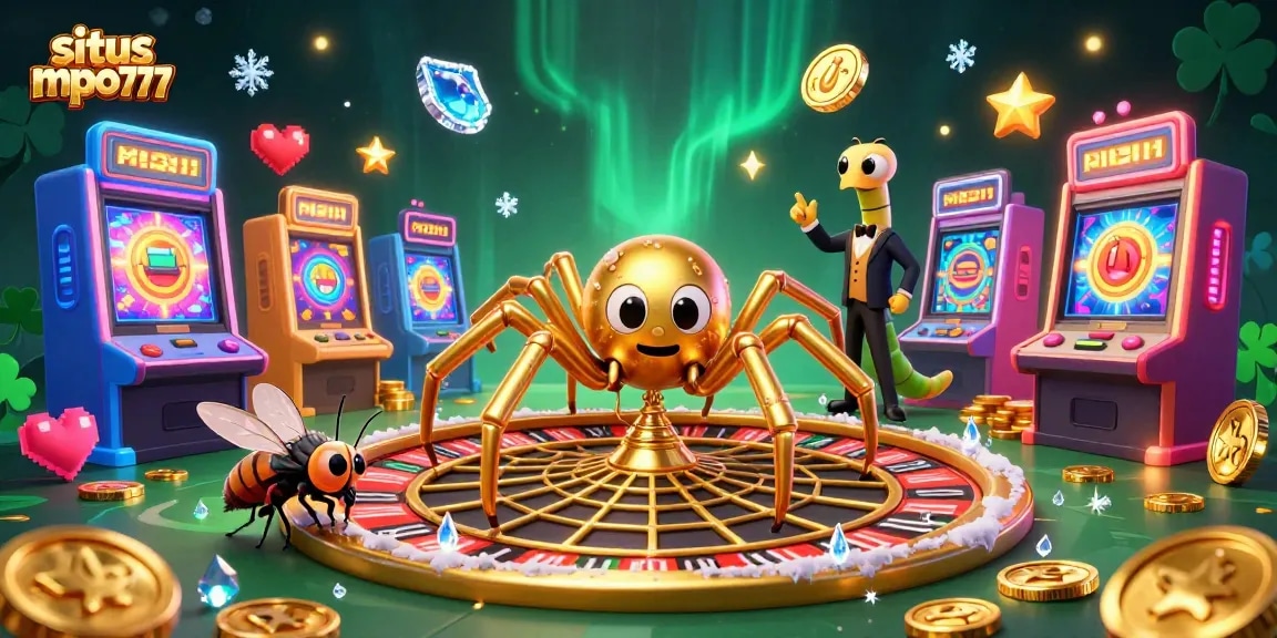 Experience thrilling gameplay at situs mpo777 with a golden spider spinning a roulette wheel in a vibrant casino scene.