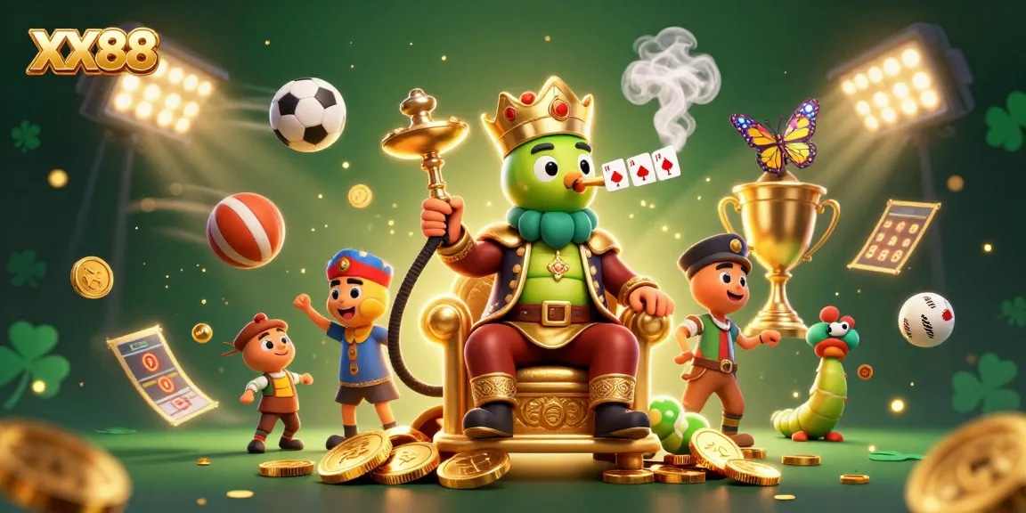 Engage with XX88's thrilling gambling experience surrounded by sports elements and lively characters.