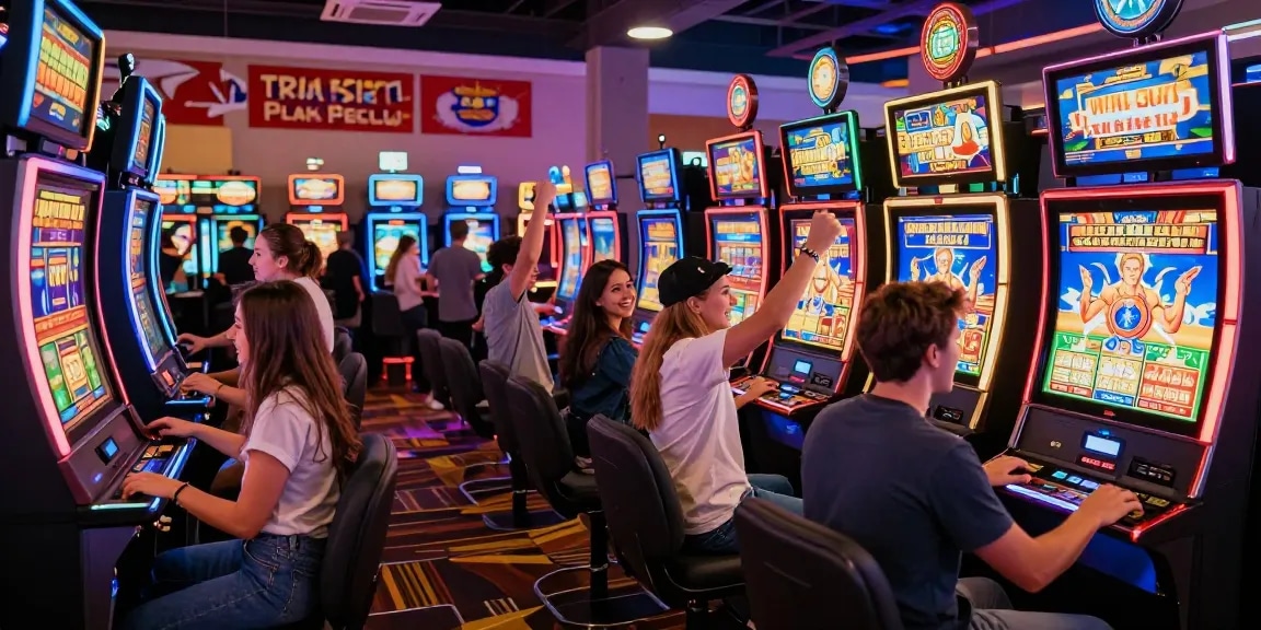 Pengunjung menikmati pengalaman slot gacor hari ini di kasino yang ramai dan bersinar.