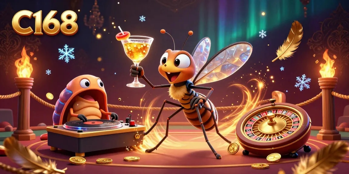 C168 brings excitement to sports betting with a lively scene featuring animated characters and casino elements.