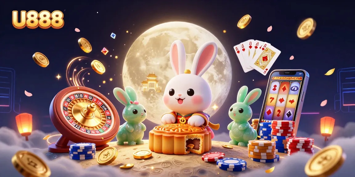 Experience U888's exciting gaming atmosphere with a moon rabbit and poker chips.