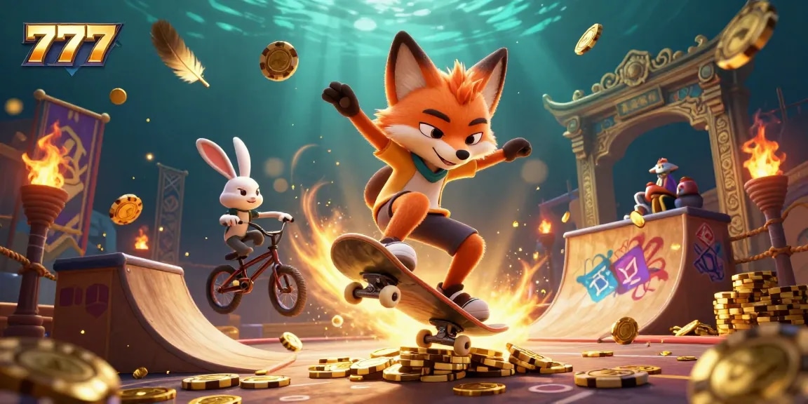 Experience thrilling 777 casino action with a skateboarder fox and BMX rabbit in a vibrant scene.
