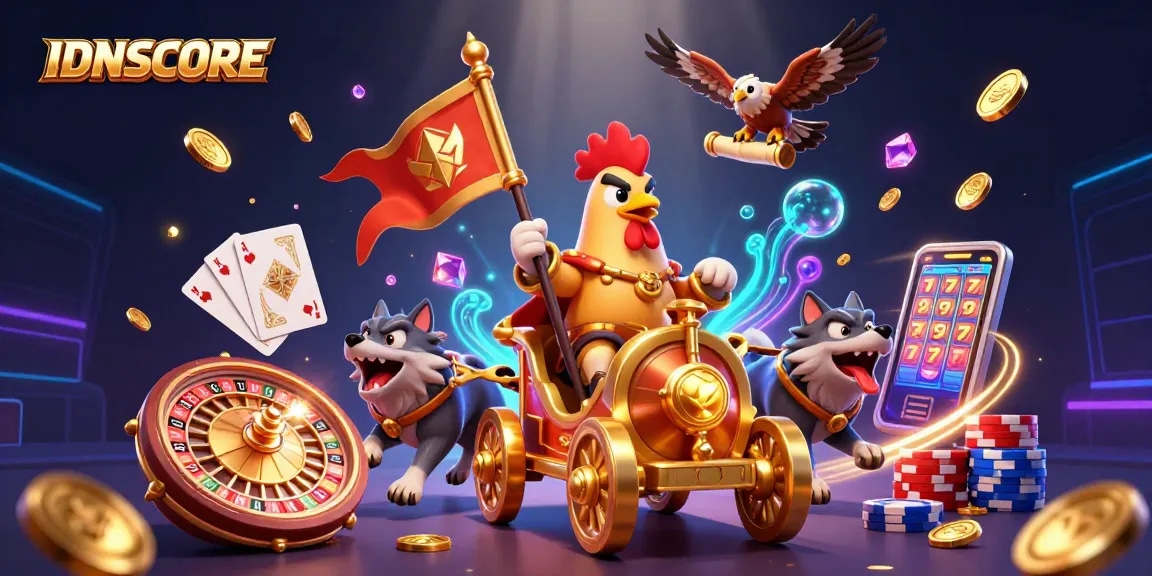 IDNSCORE showcases an epic casino battle scene with a rooster warlord, fierce wolves, and vibrant gaming elements.