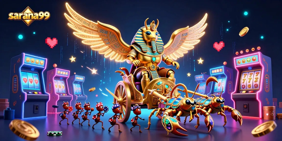 Sarana99 showcases vibrant gaming excitement with a golden scarab beetle and jewel-encrusted scorpions in action.
