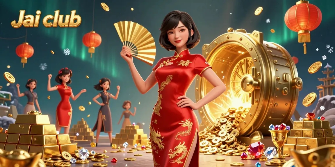 Experience the vibrant Jai club with a dazzling Asian woman and rich casino treasures in this dynamic illustration.