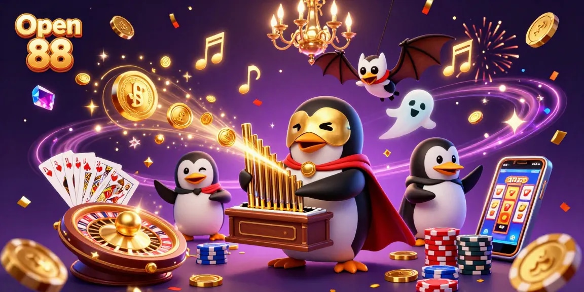 Open 88's vibrant 3D scene showcases a penguin playing an organ as coins and gems cascade around.