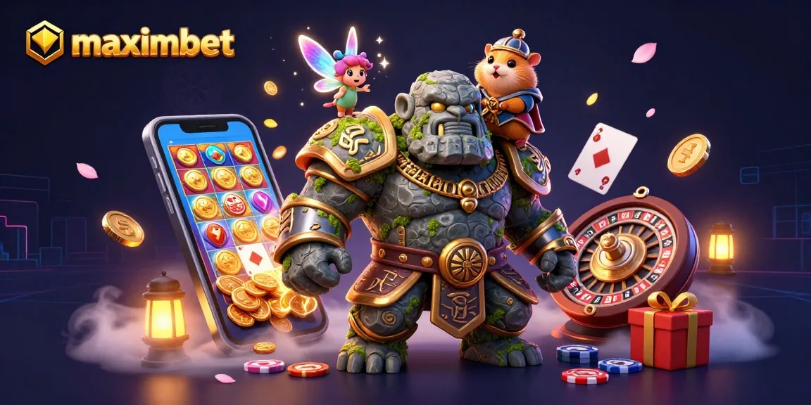 Engage with maximbet in this vibrant 3D casino scene filled with slot games and magical elements.
