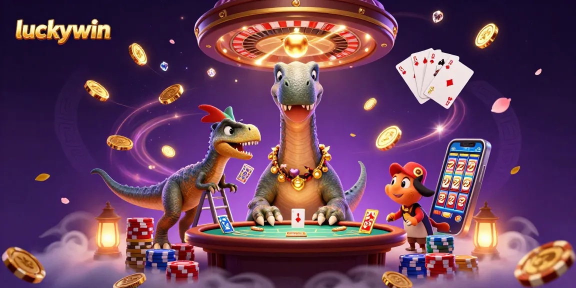Win big at Luckywin with a vibrant 3D casino scene filled with dynamic gaming elements.