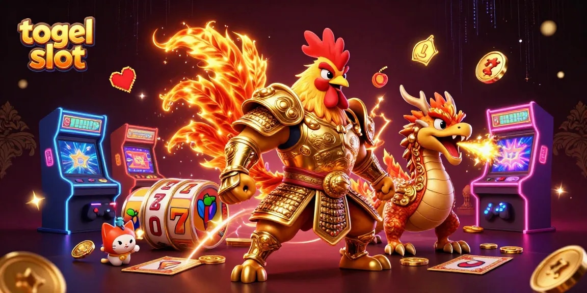 Experience thrilling gameplay at togel slot with a dynamic scene of a powerful rooster warrior and dragon hatchling.