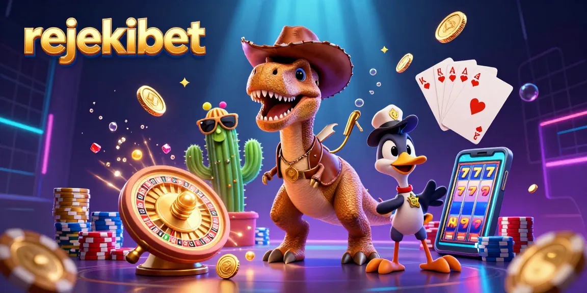 Experience rejekibet's exciting games with a colorful scene featuring a cowboy dinosaur and vibrant casino elements.